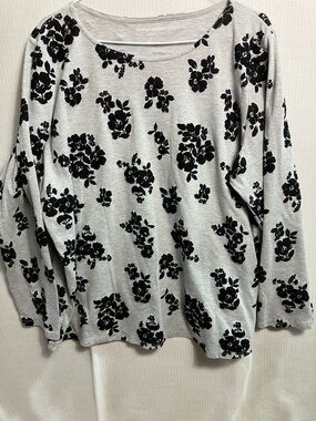 Woman Within Black Floral Print Long Sleeve Top on Light Gray